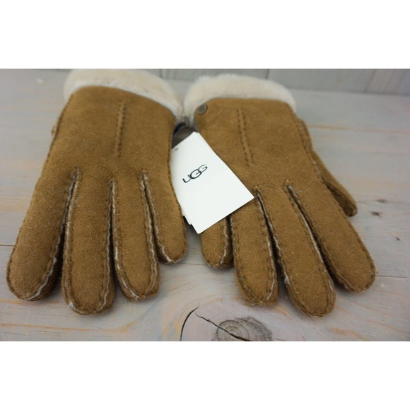 UGG CARTER SINGLE POINT CHESTNUT SUEDE SHEEPSKIN GLOVES WOMENS SMALL NWT - Picture 4 of 12